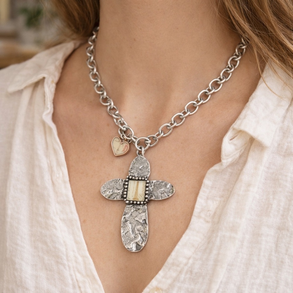 Crave Silver-Tone Paris Cross Necklace with Heart Charm
